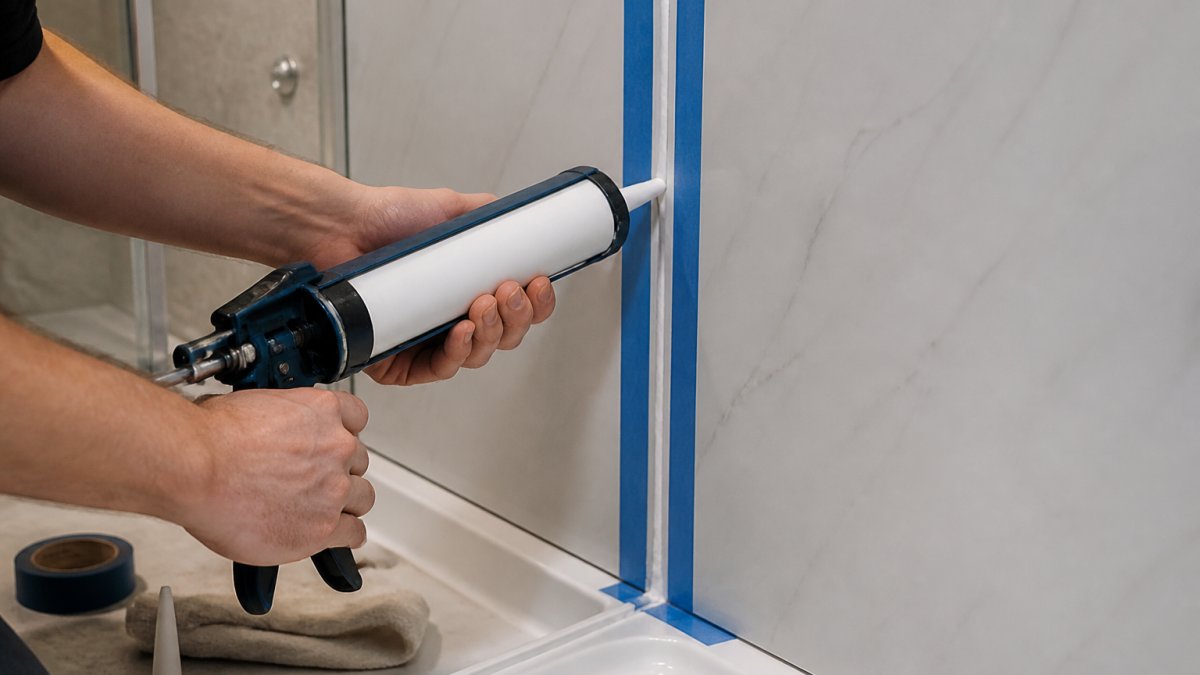 Professional hands applying silicone sealant to a shower panel edge with masking tape for a clean finish.