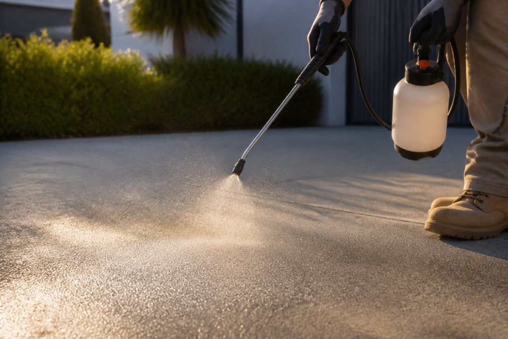Close-up of a contractor's gloved hand holding a pump sprayer wand, fine mist of clear sealer settling onto a grey concrete driveway, golden afternoon light