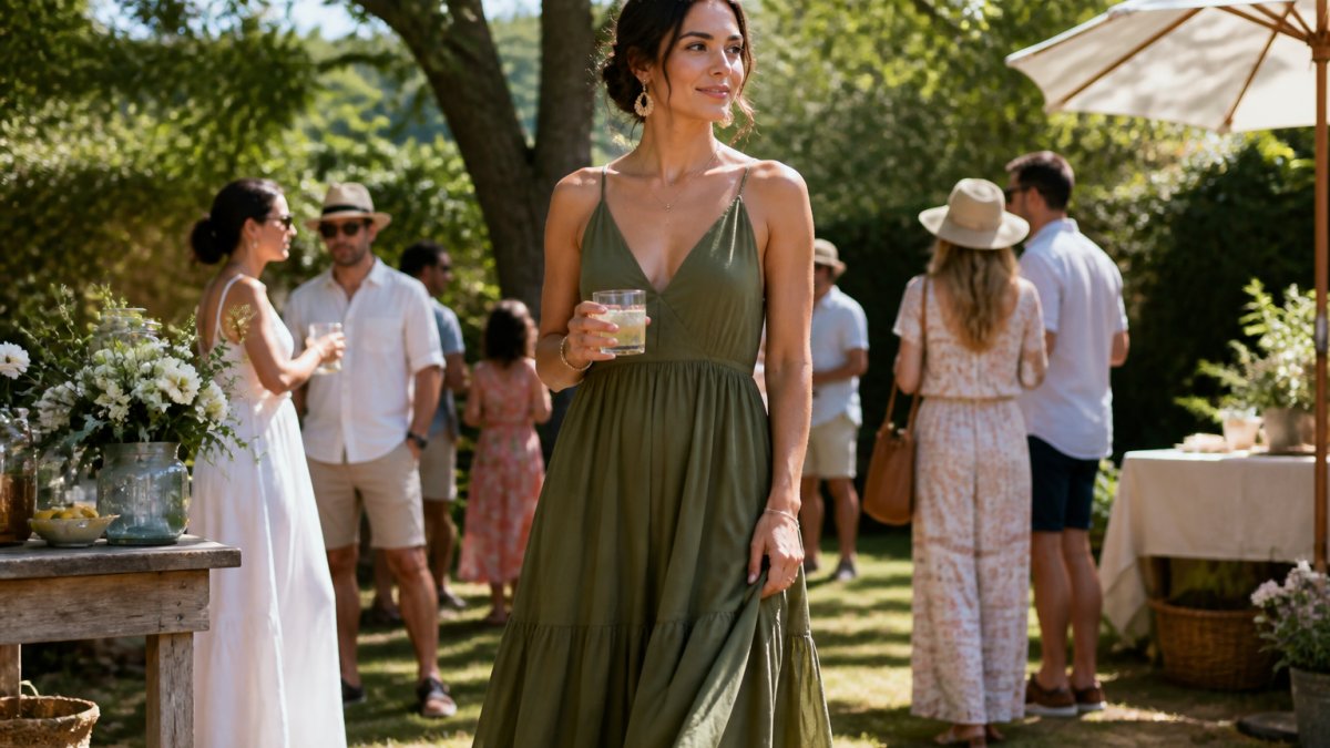 Woman in a flowing olive maxi dress holding a drink at a sunny outdoor garden party with guests nearby