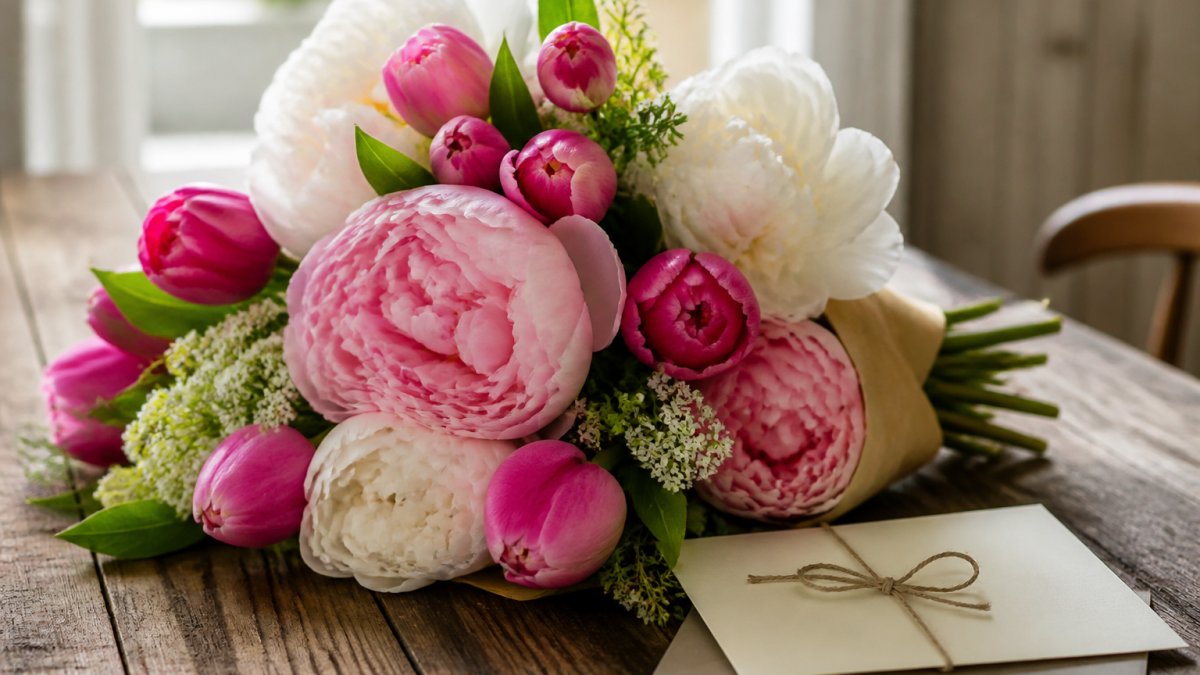 A close-up of a hand-tied bouquet of fresh seasonal blooms, peonies and tulips in soft spring light, resting on a wooden table beside a handwritten anniversary card
