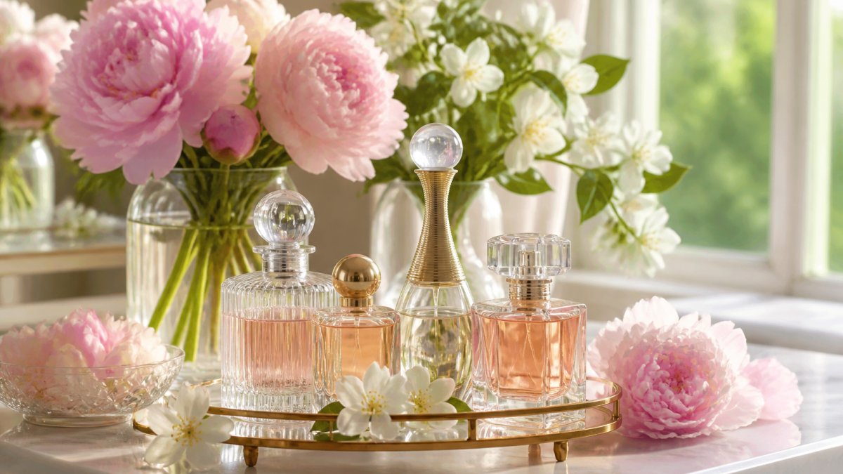 A collection of elegant perfume bottles arranged on a marble vanity with fresh spring flowers like peonies and jasmine in a bright, airy room with soft natural light