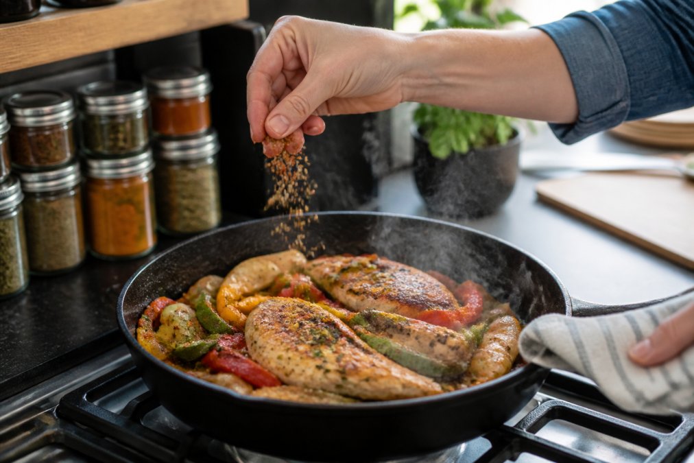 A home cook sprinkling a vibrant seasoning blend over a skillet of sizzling chicken and vegetables on a stove, with jars of spices visible in the background