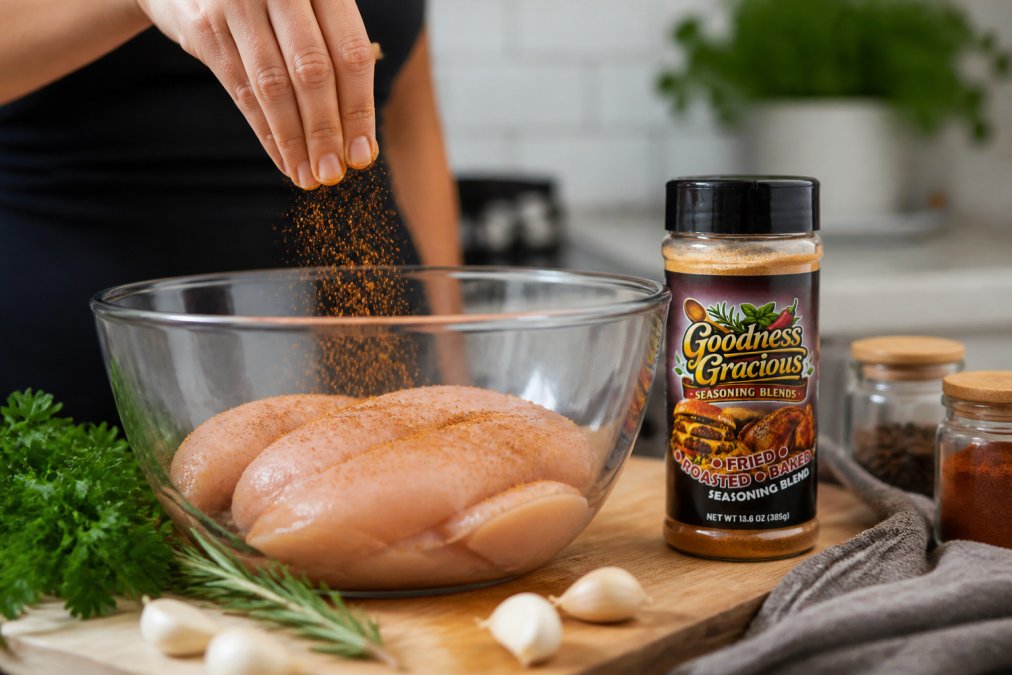 Hands sprinkling seasoning blend over raw chicken breasts in a glass bowl, with fresh herbs and spice jars visible on a wooden cutting board