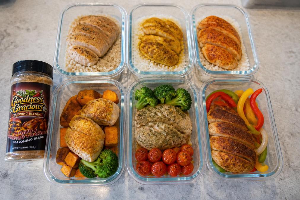 Overhead view of multiple glass containers with prepared meal prep portions showing different colored seasonings and cooked proteins, organized on a kitchen counter