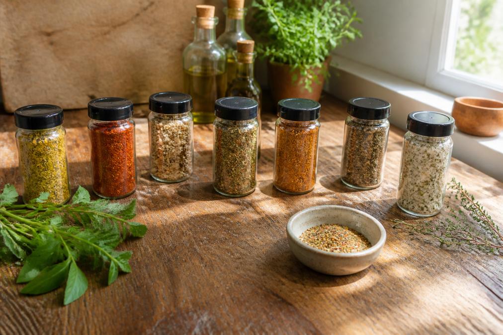 Flat-lay of several colorful spice blend jars arranged on a rustic wooden kitchen counter with fresh herbs scattered nearby, warm natural light coming from a side window, small ceramic bowl of seasoning in the foreground