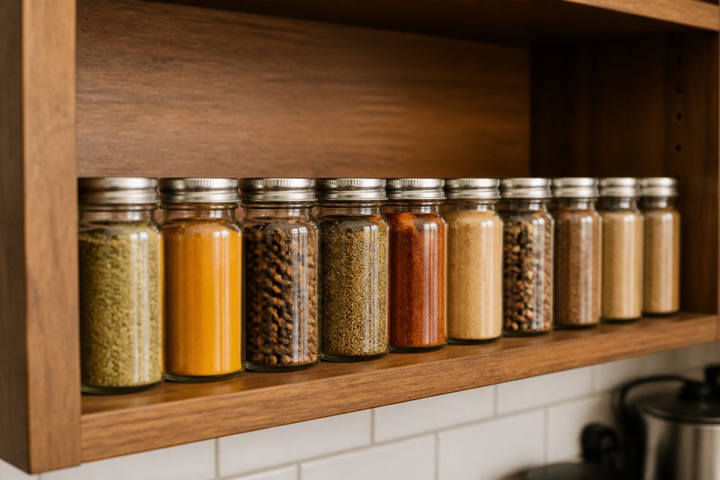 Neatly organized spice jars with labels facing forward lined up on a wooden kitchen shelf in a well-lit home kitchen, warm ambient lighting, no clutter on the shelf or surrounding counter
