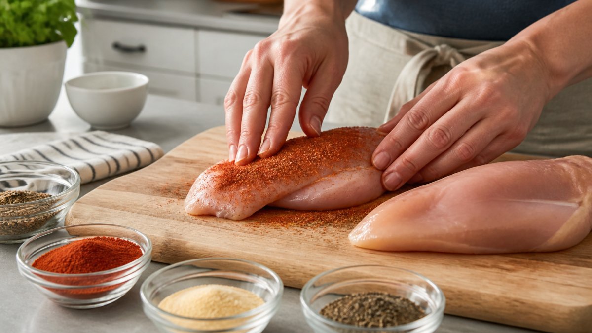 Close-up of hands rubbing a dry spice blend onto raw chicken breasts on a wooden cutting board, with small bowls of paprika, garlic powder, and black pepper nearby in a bright home kitchen