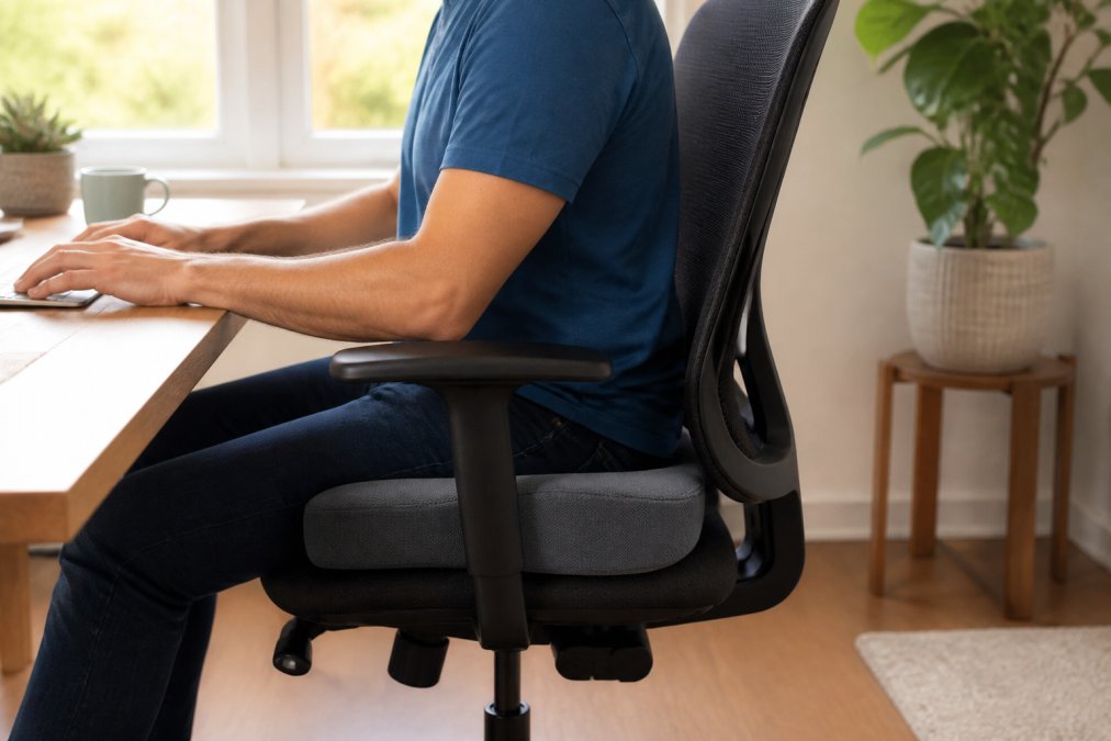 Close-up photograph of an office worker sitting on a contoured memory foam seat cushion in an ergonomic chair, relaxed upright posture, bright home office with a plant and window light behind
