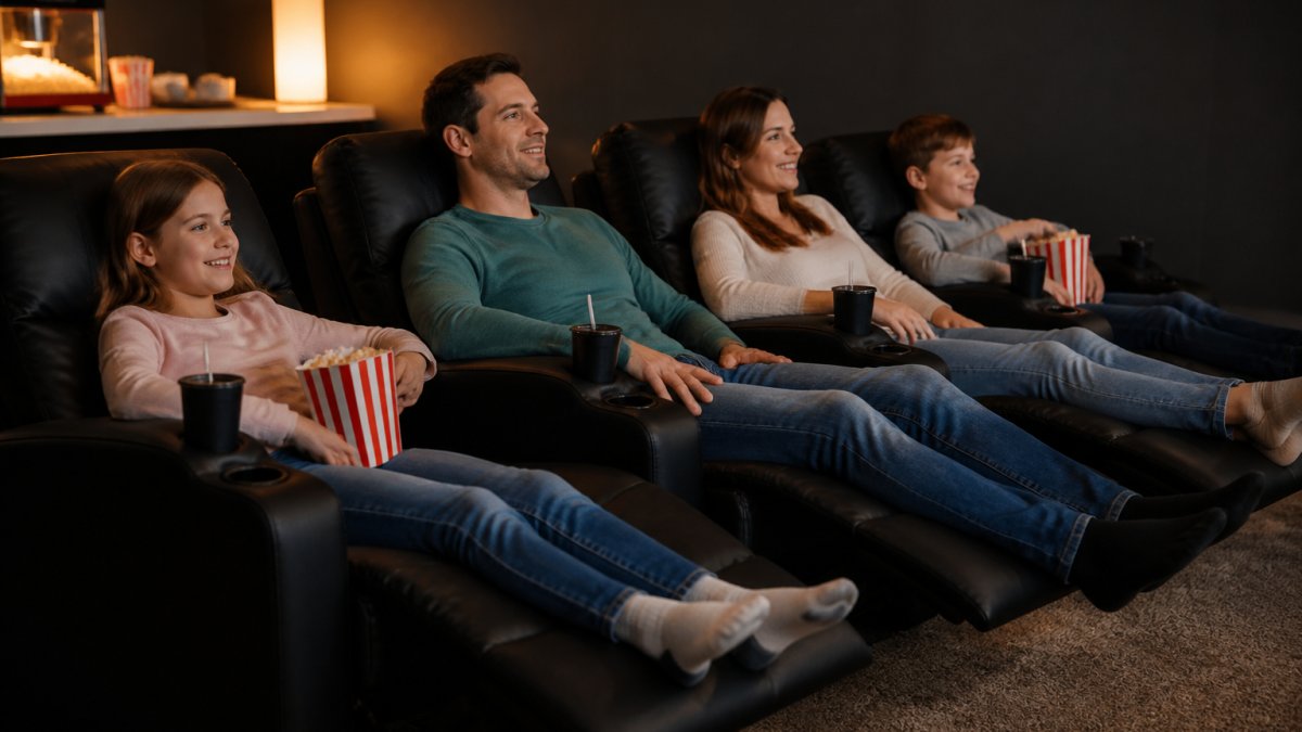 Family relaxing in a home theater room with power recliners during a movie, showing footrests extended and cup holders in use