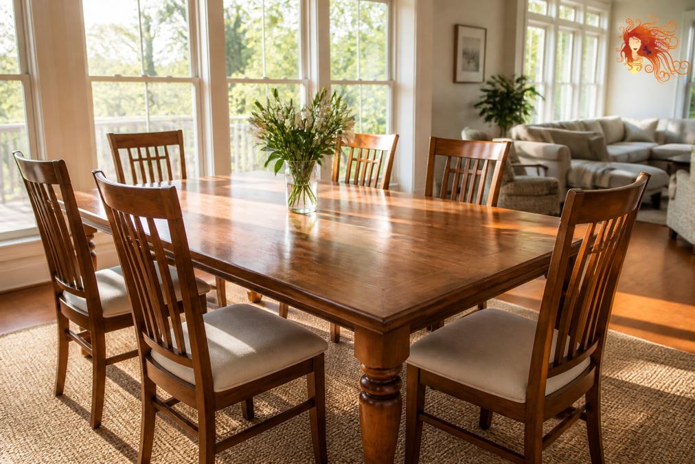 A well-maintained solid wood dining table with six matching chairs styled in a bright, modern living room with large windows and natural light streaming across the polished surface