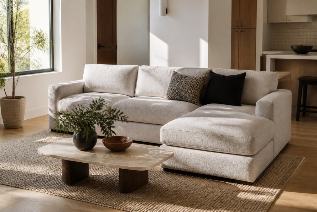 A compact modular sectional sofa with a reversible chaise positioned in a bright, minimal apartment living room with light wood floors, a low-profile coffee table, and a large window letting in afternoon sunlight