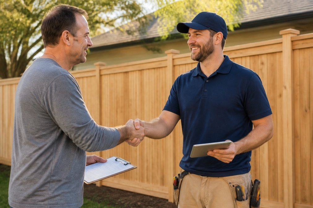 Homeowner shaking hands with reliable fence contractors after a successful wooden fence installation