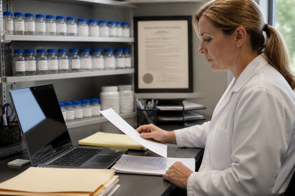 Laboratory manager reviewing purchase orders on a laptop to ensure secure payments for essential supplies.