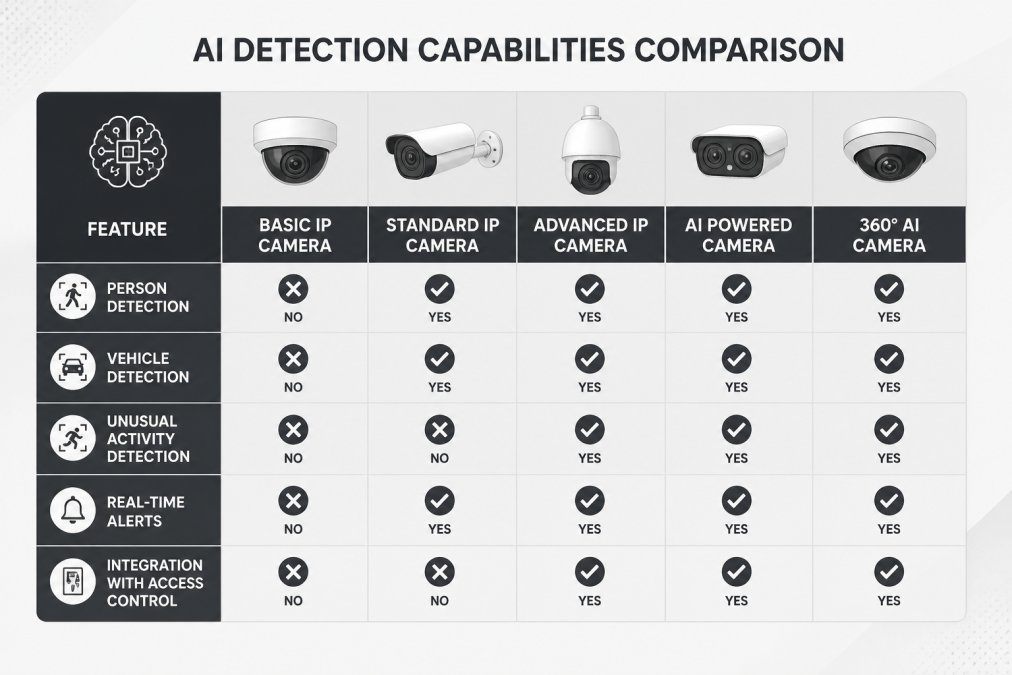 Comparison matrix of AI detection capabilities across camera systems: person detection (yes/no), vehicle detection (yes/no), unusual activity detection (yes/no), real-time alerts (yes/no), integration with access control (yes/no)