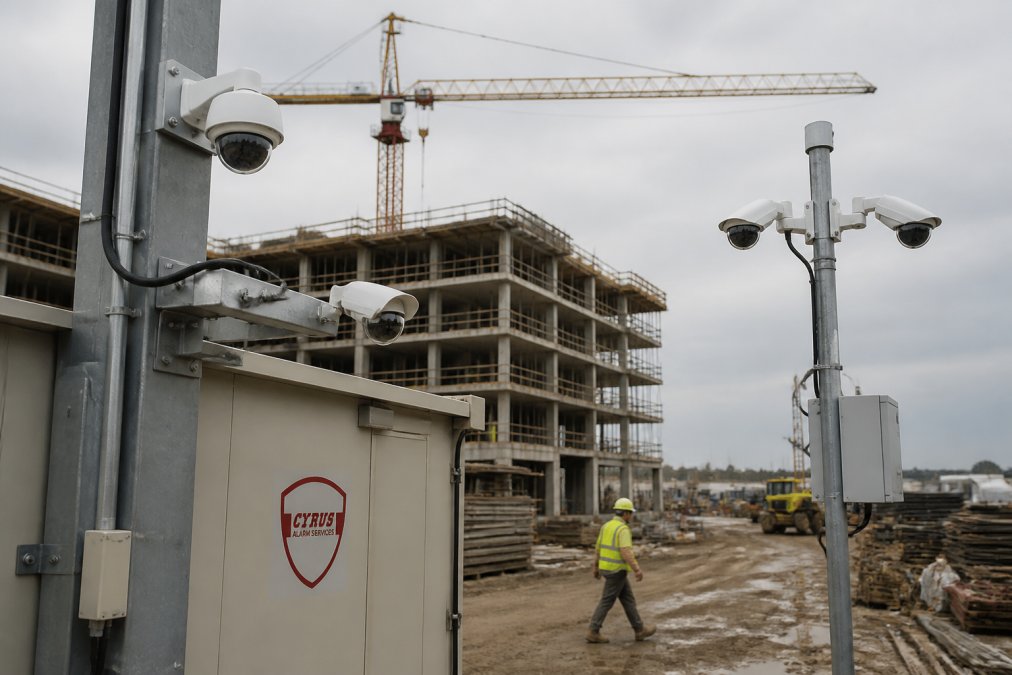 Infographic layout showing field deployment of security cameras for construction across a large jobsite.