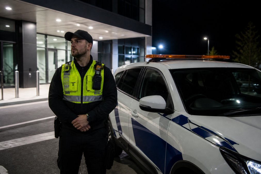 Professional security officer in dark uniform and high-visibility vest standing beside marked patrol vehicle at night, with commercial building entrance and security lighting visible in background
