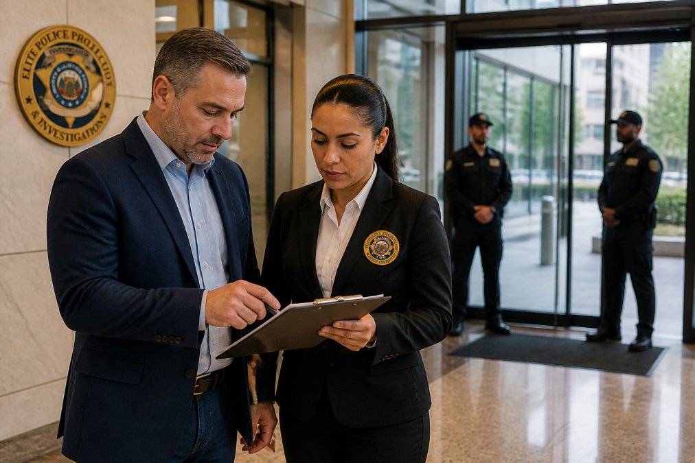 A property manager and a security supervisor in business attire reviewing a comparison checklist on a clipboard inside a modern building lobby, with uniformed guards visible through glass doors in the background