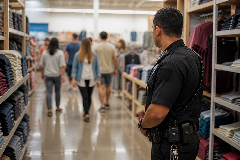 A uniformed security officer standing watch in a modern retail store aisle, observing shoppers while maintaining a professional, alert posture under bright overhead lighting