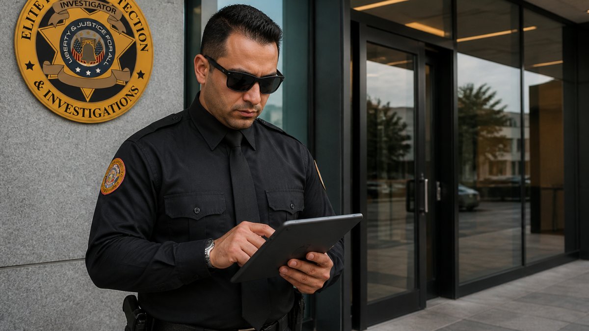 Uniformed officer from security guard firms checking a client portal on a tablet at a modern office entrance