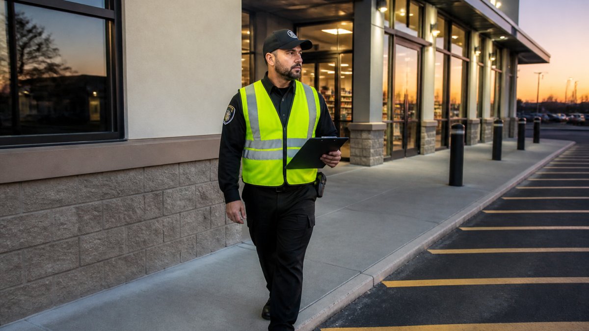 A uniformed security officer in a reflective vest walking a marked patrol route past a retail storefront at dusk, clipboard in hand, with a commercial building entrance visible behind him