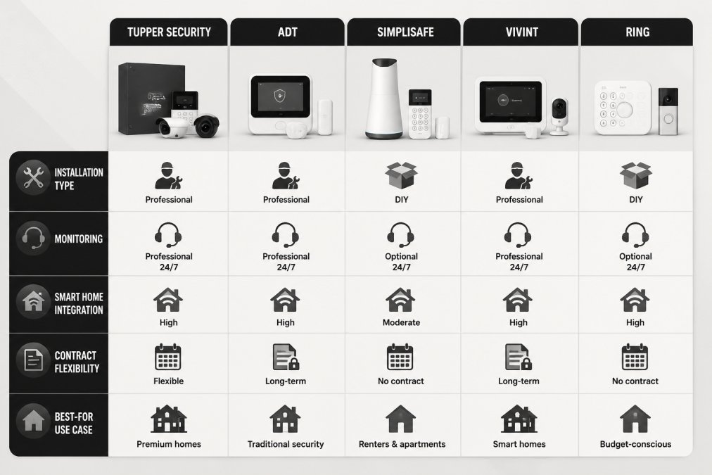 Comparison matrix evaluating features and contract terms for each top residential security system provider.