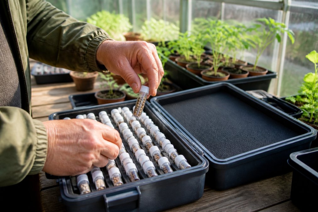 A gardener's hands sorting labeled seed vials inside a durable, water-resistant storage case on a greenhouse bench, with small potted seedlings softly blurred in the background and natural morning light streaming through the glass panels