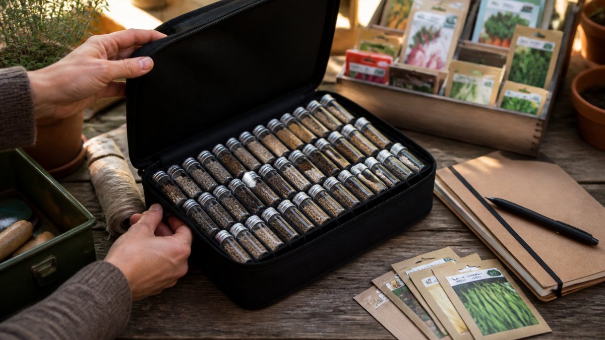 Gardener opening a wooden box of labeled glass vials on a potting bench with seed packets and a notebook