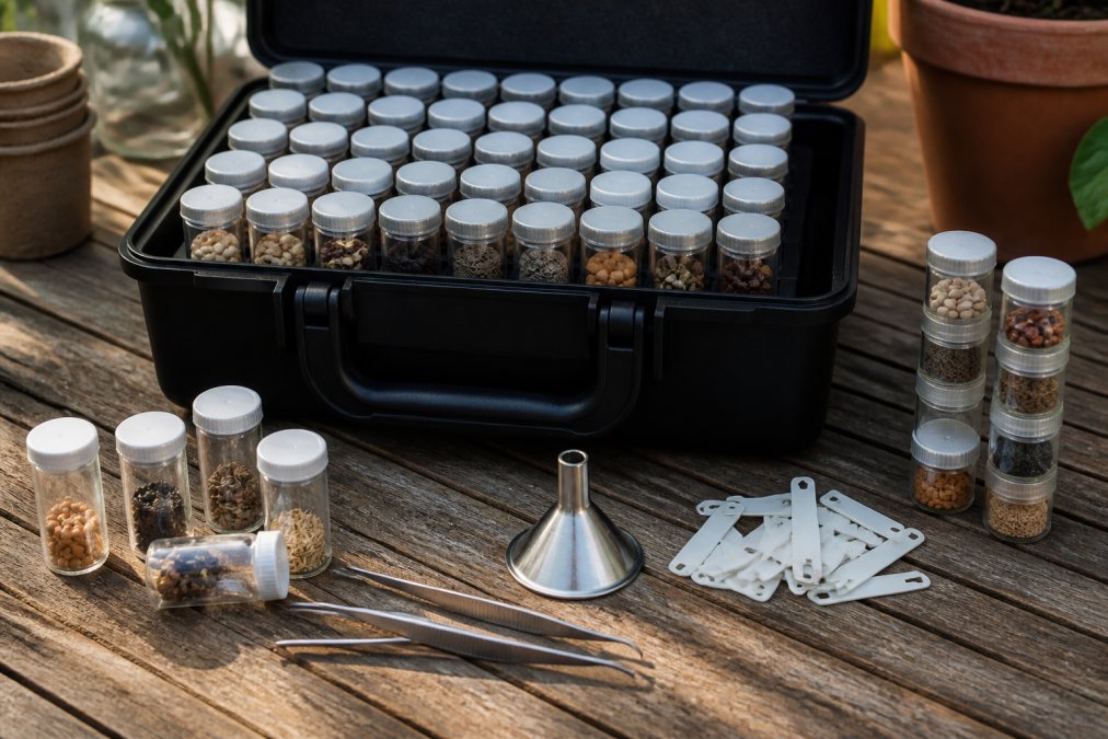 Infographic detailing the process of using seed storage organizers with labeled vials, a funnel, and tweezers.