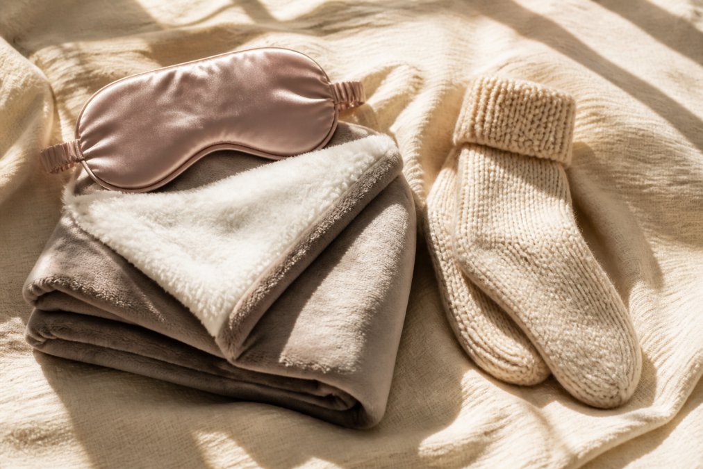 A flat lay of curated self-care products arranged on a soft cream blanket, featuring a silky heated eye mask, a folded wearable blanket, and a pair of chunky knit socks, all lit by warm afternoon sunlight