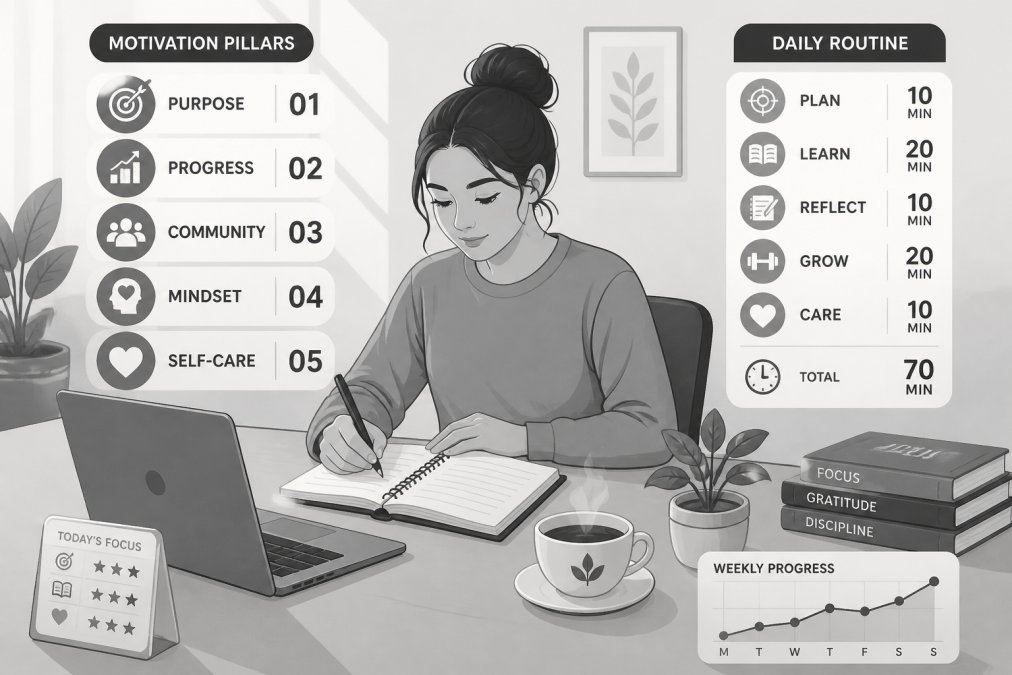 Person at a desk writing in a journal with a cup of tea nearby, laptop open, showing focus and reflection during a personal growth session