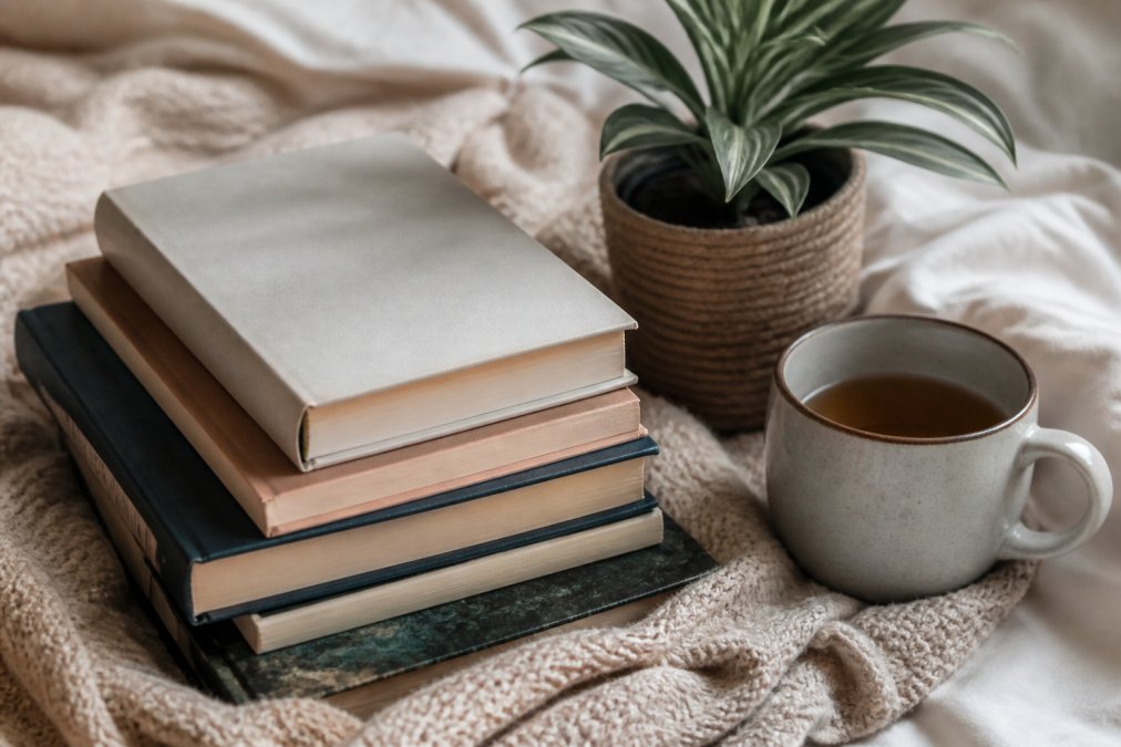 A cozy flat lay of several self-help books stacked on a soft neutral blanket, with a warm cup of tea and a small potted plant nearby, creating a calm reading atmosphere
