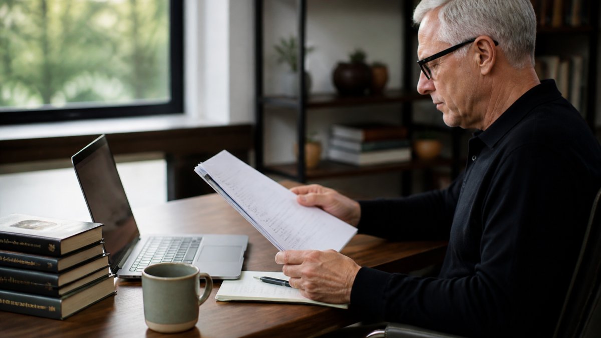 A professional author reviewing a printed book manuscript at a modern desk with a laptop showing a publishing dashboard, warm natural lighting