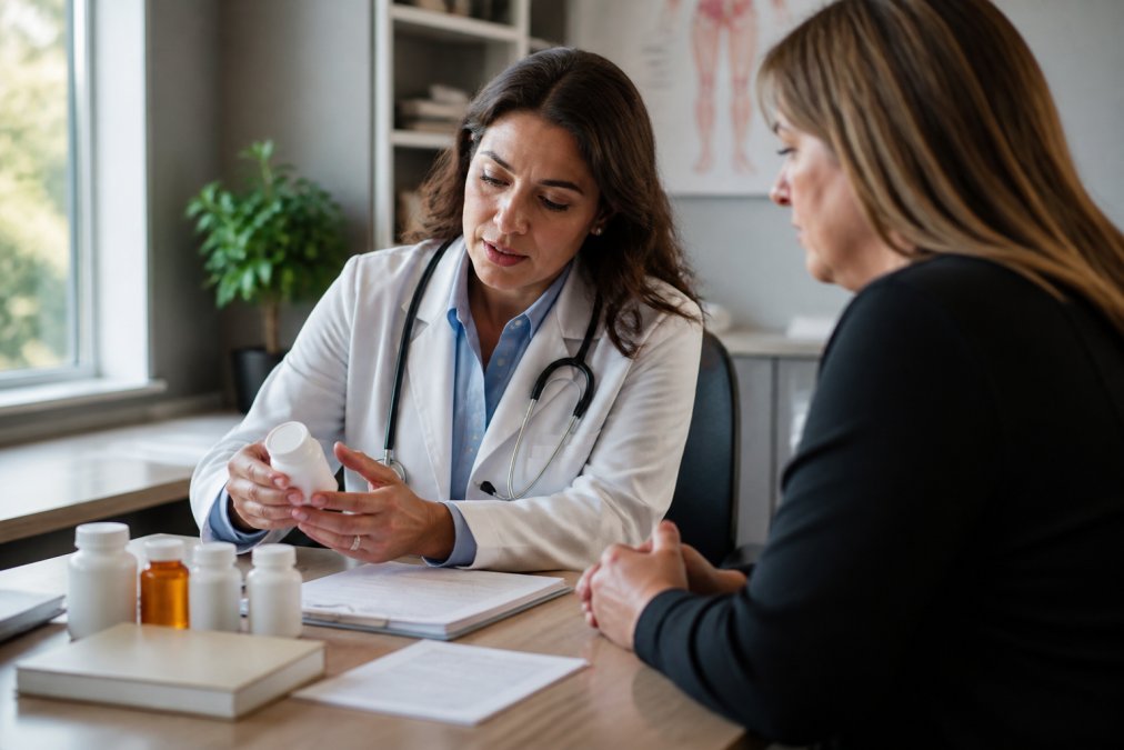 Healthcare professional reviewing medication options with patient in clinical consultation room, prescription bottles and medical documents on desk, natural window lighting