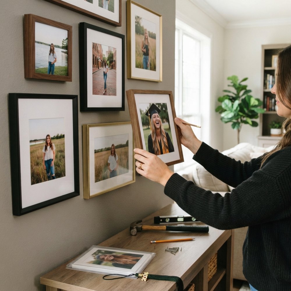 Living room wall displaying a curated gallery of framed senior portraits in varying sizes and finishes, arranged in a balanced asymmetrical pattern with natural light highlighting the frames and prints