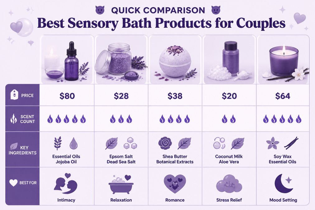Feature comparison matrix of five sensory bath products showing price ($80, $28, $38, $20, $64), scent count, key ingredients, and best-for use case