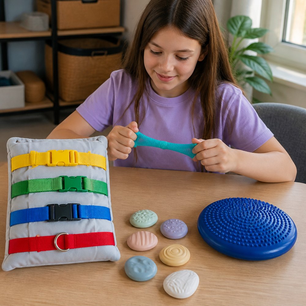 A flat-lay photo on a light wooden table showing a soft sensory pillow with colorful straps and buckles, a set of pastel silicone worry stones, a stretchy band, and a small balance cushion arranged neatly together