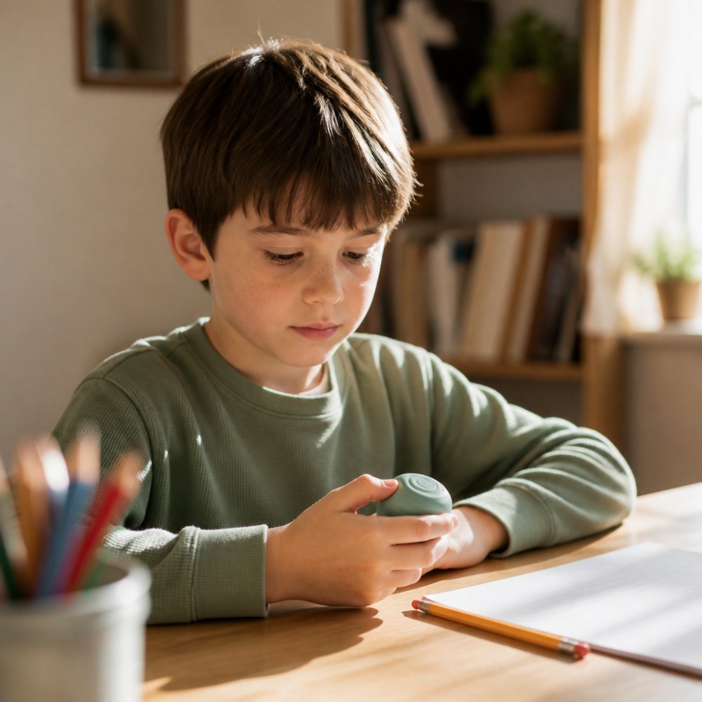 Child sitting at a desk calmly squeezing a silicone worry stone, one of the best sensory friendly gift ideas.