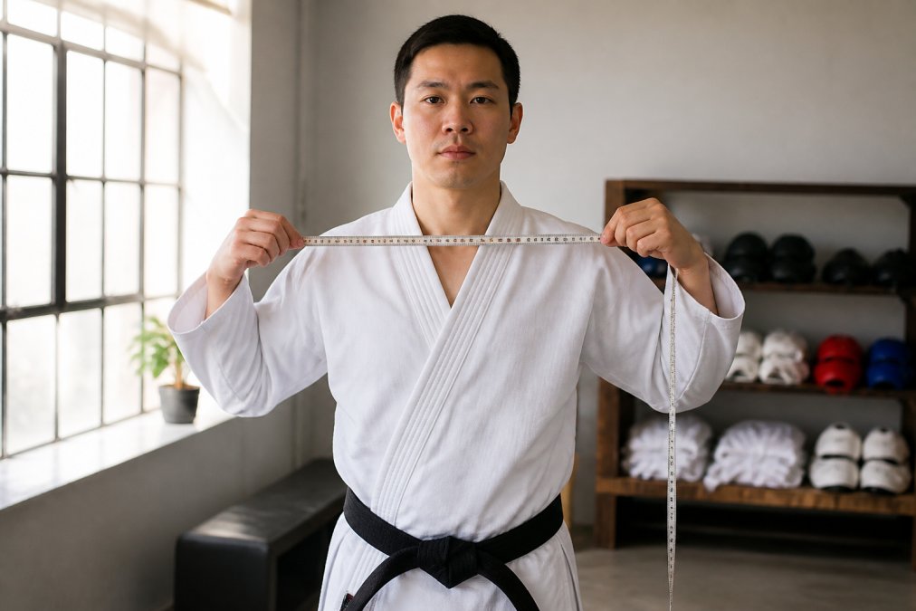 Person demonstrating proper gi measurement technique, holding a soft tape measure against shoulder width while standing in neutral posture with natural lighting from a studio window