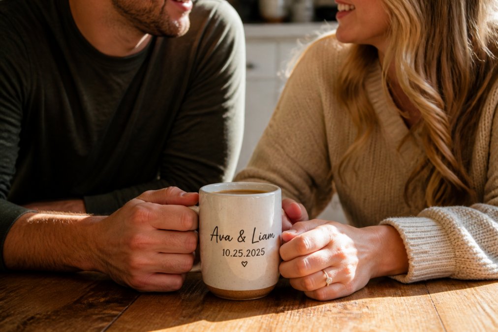 Process diagram showing steps to design personalized ceramic sentimental gifts with names and dates