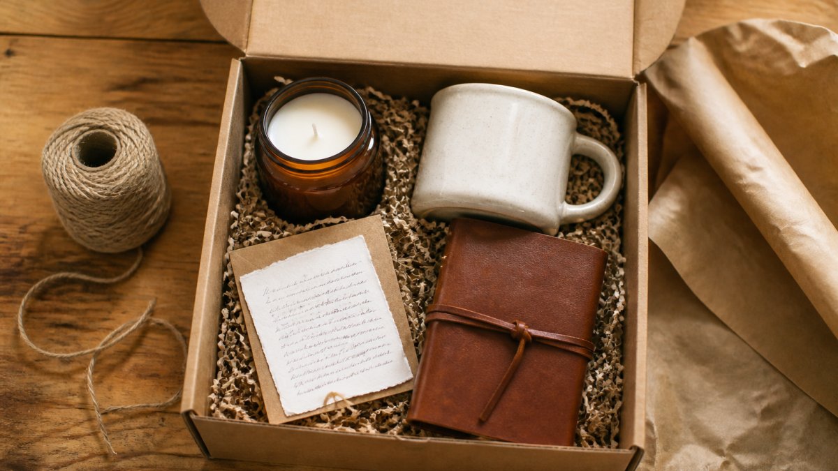 Flat lay of a care package containing a candle, mug, journal, and note on a wooden table for long-distance friends