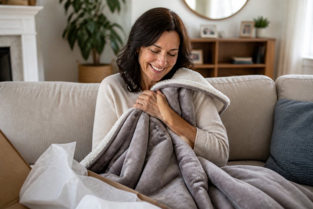 Mother unwrapping a personalized fleece blanket with a heartfelt message, smiling with genuine emotion as she holds the gift close to her chest in soft natural lighting