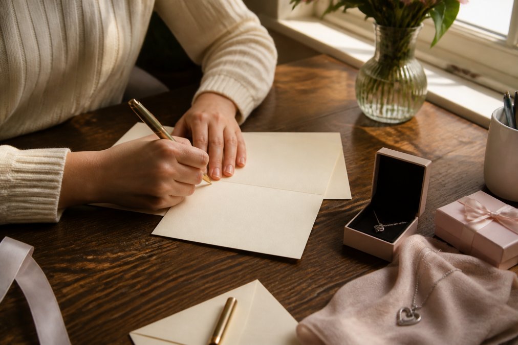 Close-up of hands writing a handwritten note on elegant cream-colored stationery with a quality pen, soft natural lighting from a nearby window