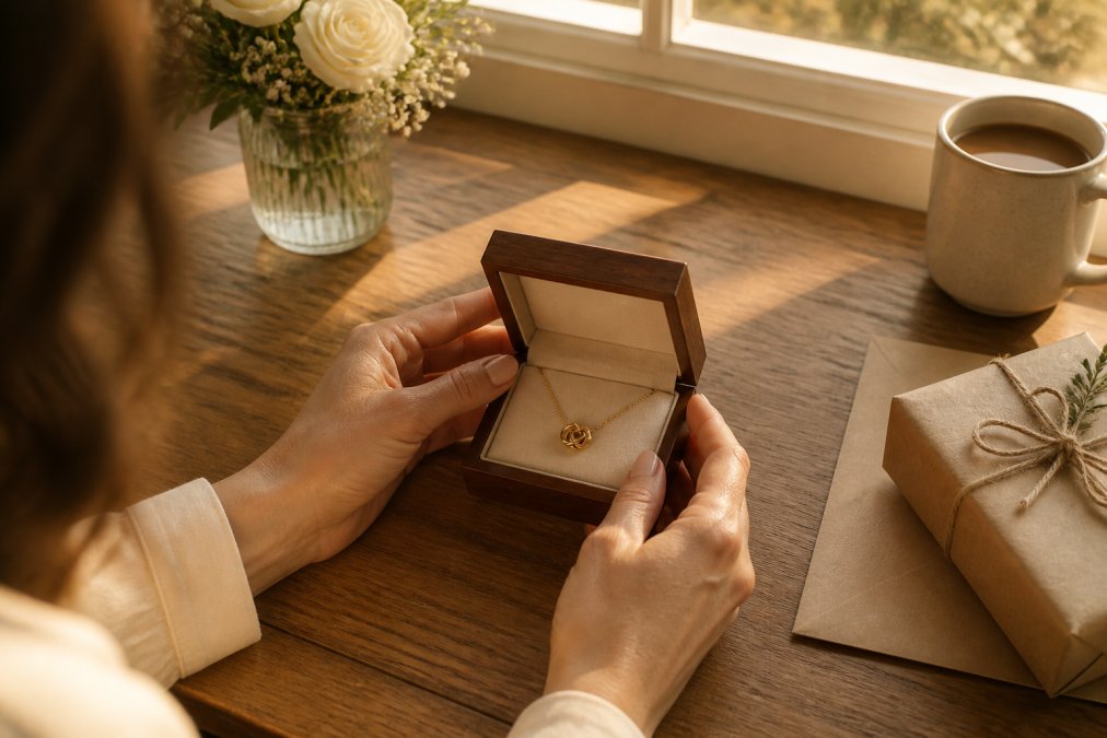 A woman's hands gently opening a small wooden gift box on a warm-lit oak table, revealing a delicate gold love knot necklace nestled in soft velvet, morning sunlight filtering through a nearby window