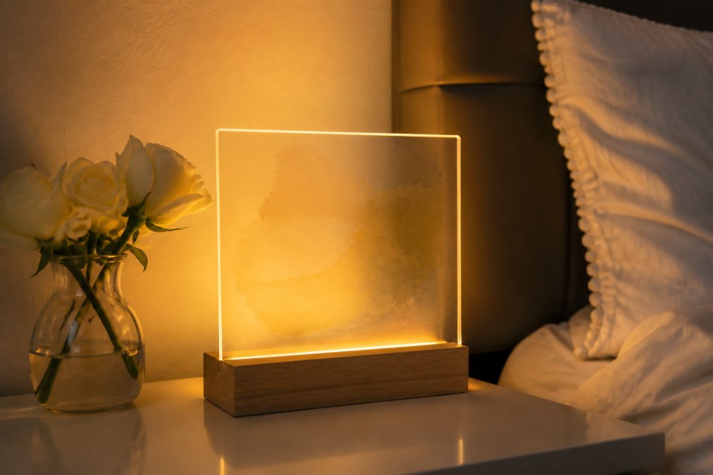 A glowing square acrylic plaque printed with a heartfelt message in elegant script, lit from beneath by a warm amber LED wooden base, displayed on a bedroom nightstand beside a small vase of white roses in soft evening light