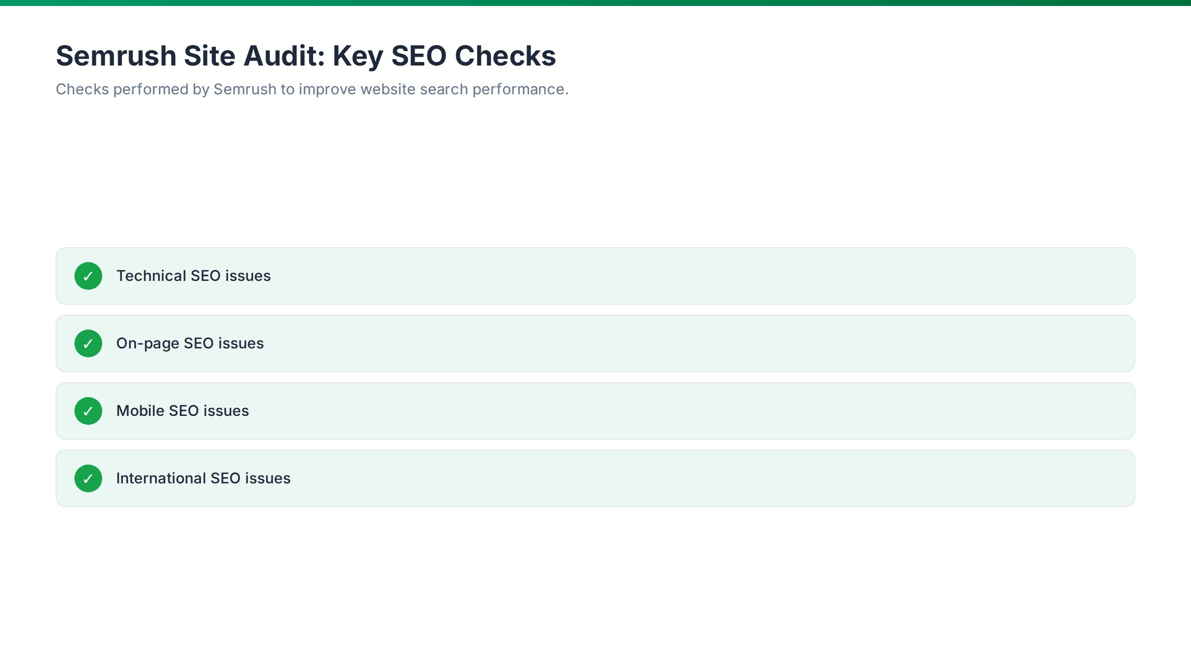 Checklist infographic: Semrush Site Audit: Key SEO Checks for top SEO analyzer tools for search issues