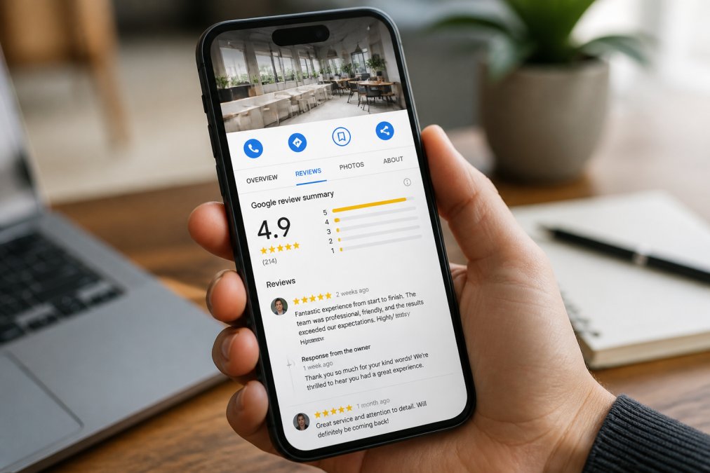 Close-up of a smartphone screen displaying a local business's Google Business Profile with positive customer reviews, star ratings, and review responses visible