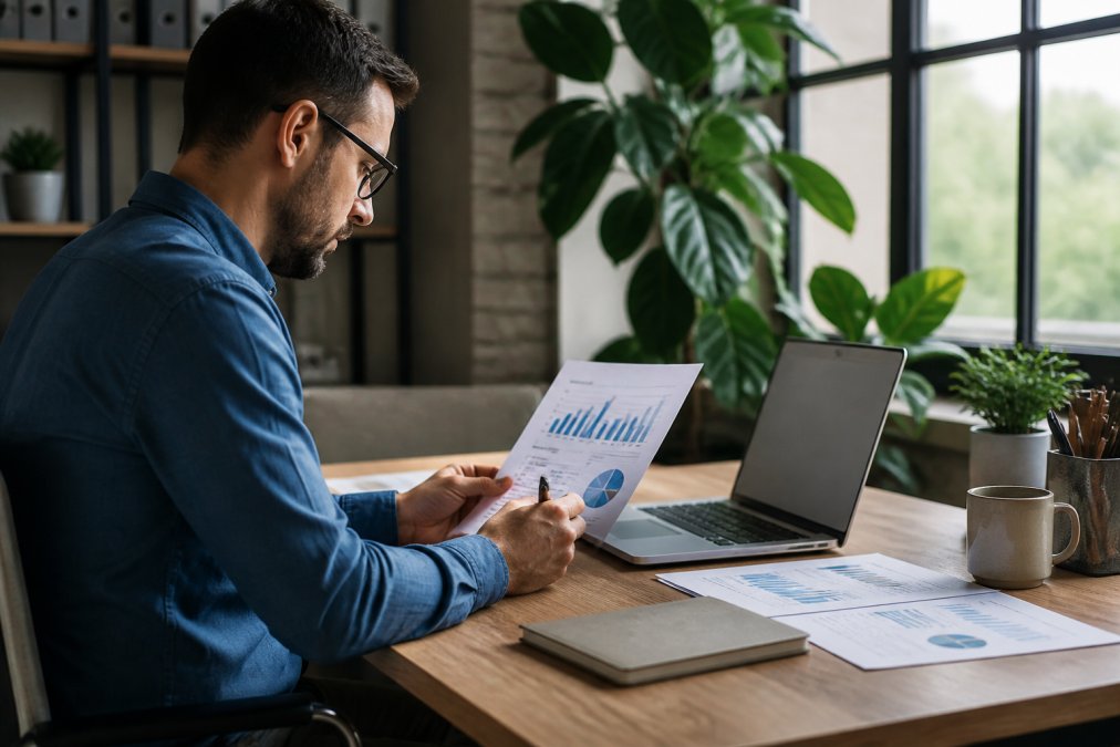 Marketing professional reviewing local search rankings, traffic metrics, and Google Business Profile performance data on a laptop in a modern office with natural lighting