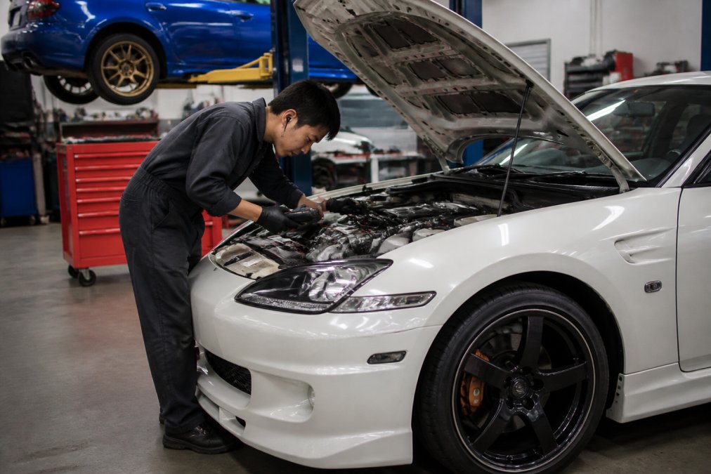 Professional technician performing detailed mechanical inspection on a Japanese sports car using diagnostic equipment in a bright, well-organized workshop with tool cabinets and inspection lifts
