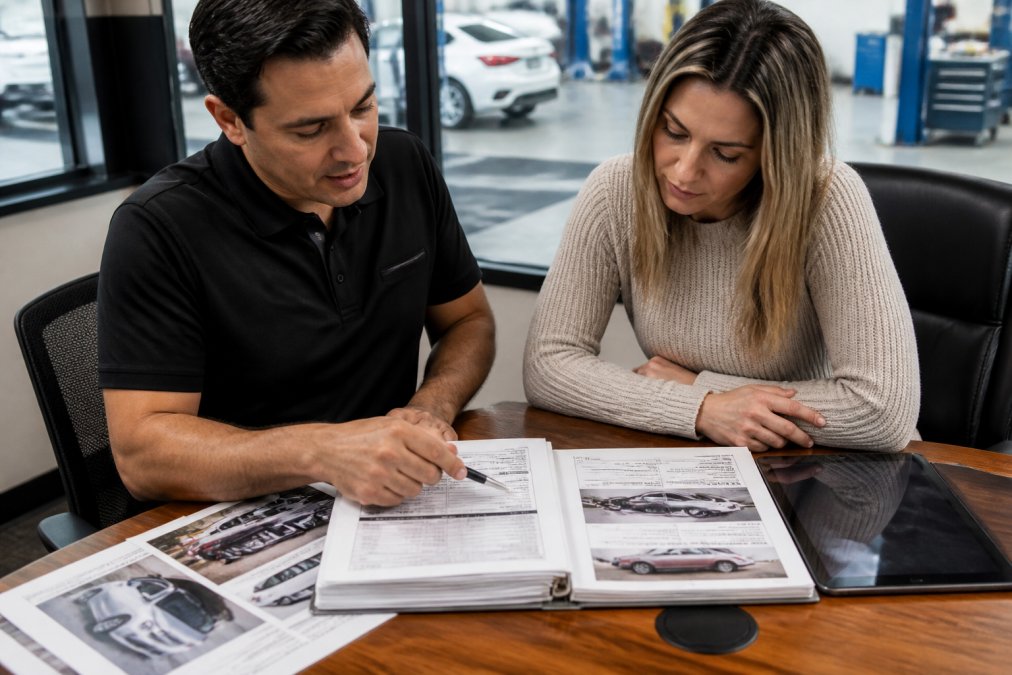 Customer reviewing detailed vehicle documentation and inspection reports with an importer representative at a desk, with paperwork, tablet, and vehicle photos visible in a professional office setting with natural lighting