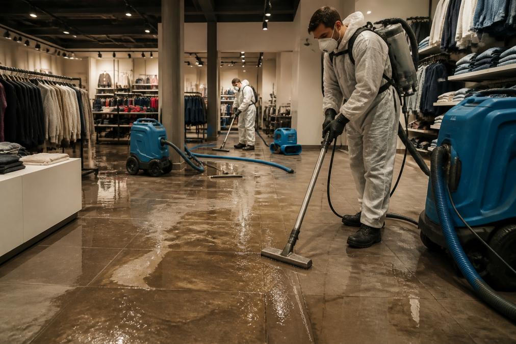 Restoration crew in protective gear using industrial water extraction equipment in a flooded commercial retail space, wet flooring visible under work lights